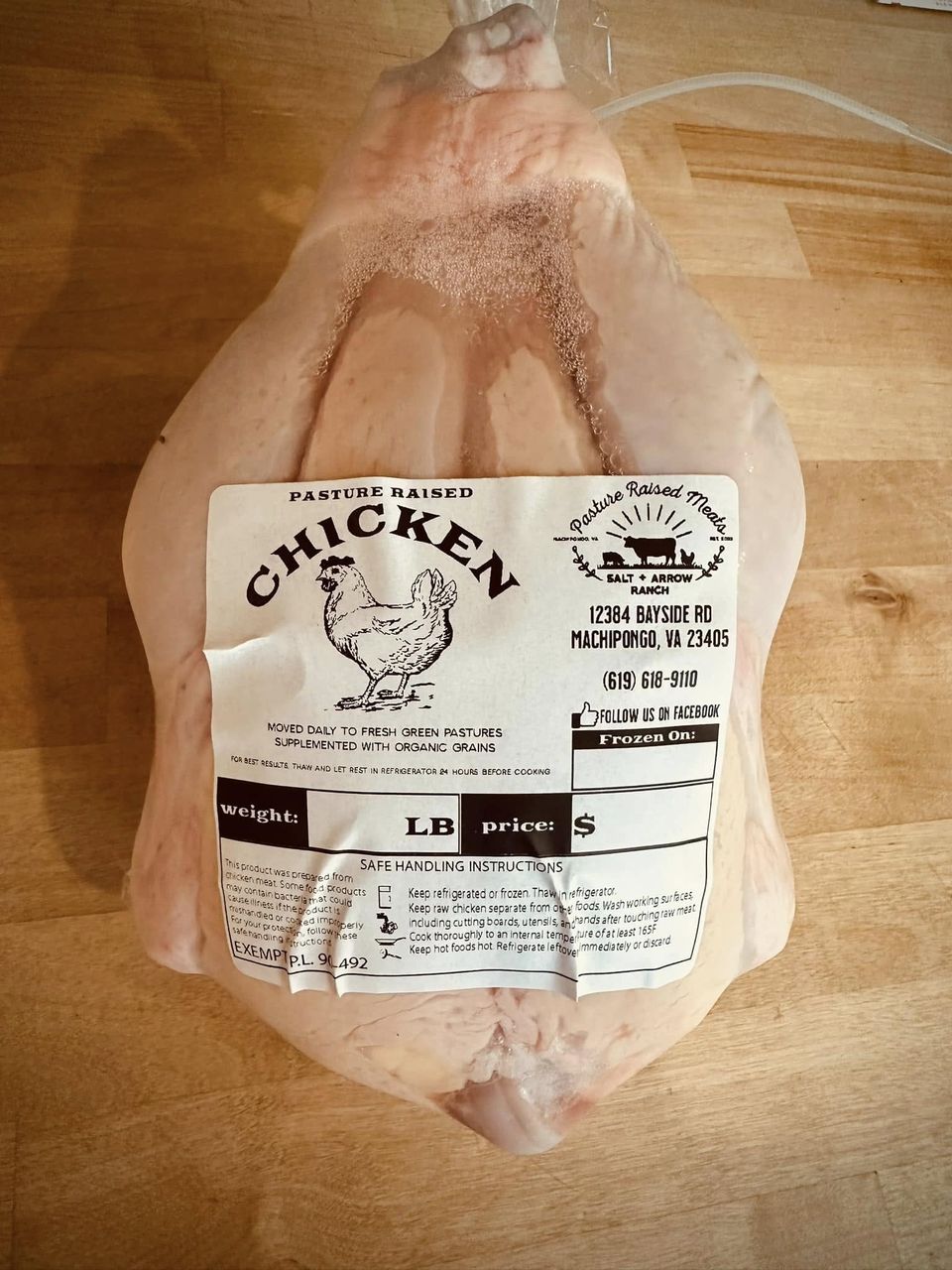 Whole pasture-raised chicken, packaged and labeled